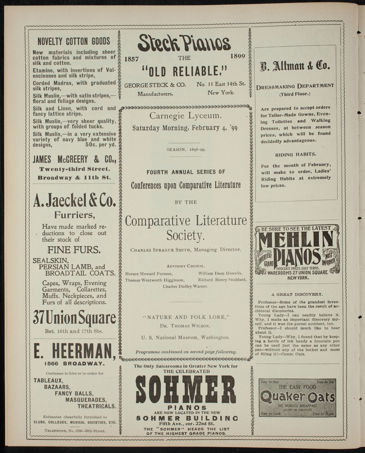 Comparative Literature Society Saturday Morning Conference, February 4, 1899, program page 4