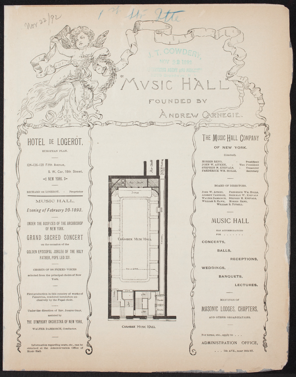 New York Symphony String Quartet, November 22, 1892, program page 1