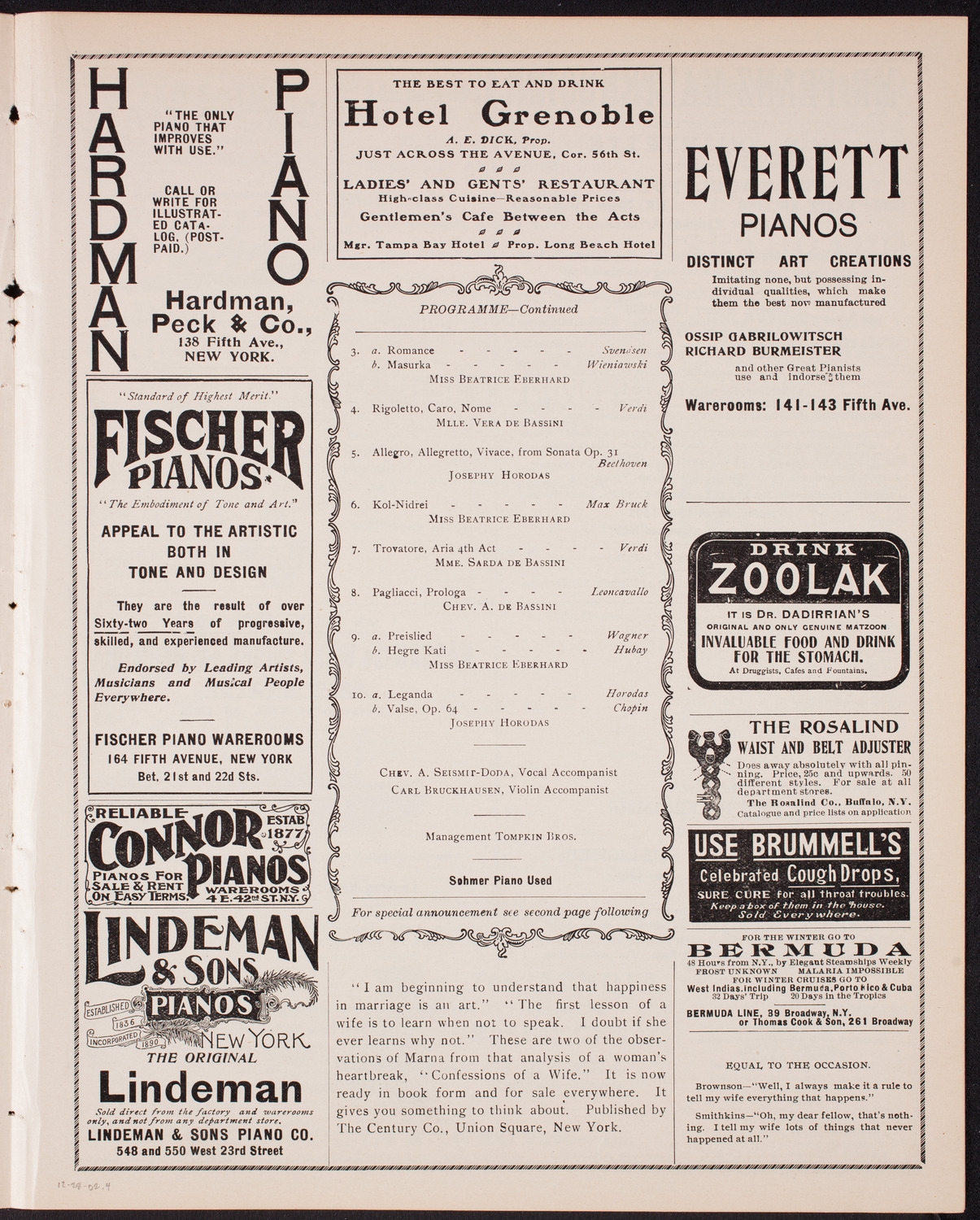 Josephy Horodas, E. Sarda de Bassini, Vera de Bassini, A. de Bassini, and Beatrice Eberhard, December 28, 1902, program page 7