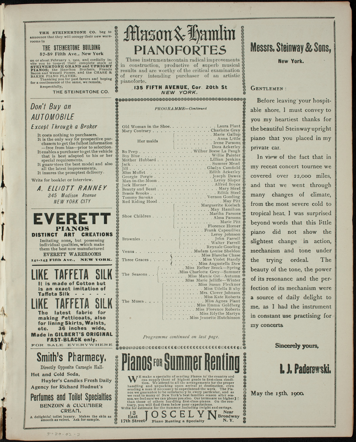 Benefit Performance for the International Sunshine Society, May 29, 1902, program page 3