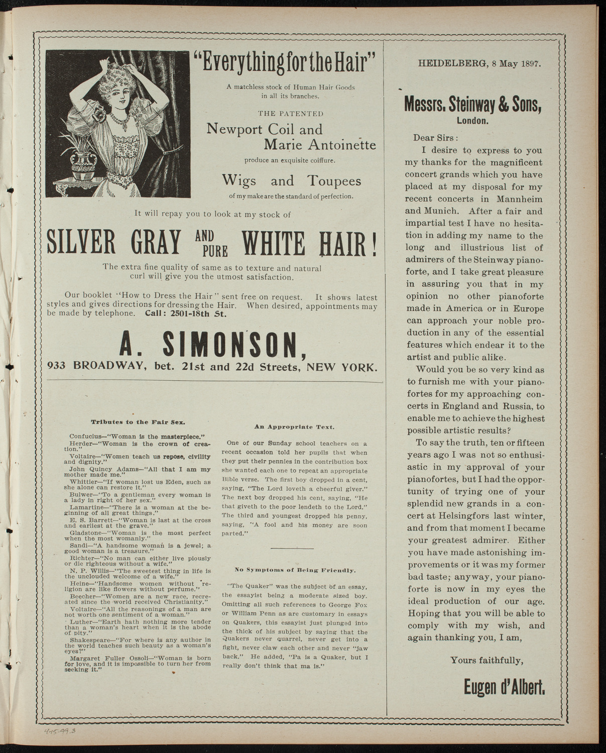 Alice in Wonderland, April 15, 1899, program page 5