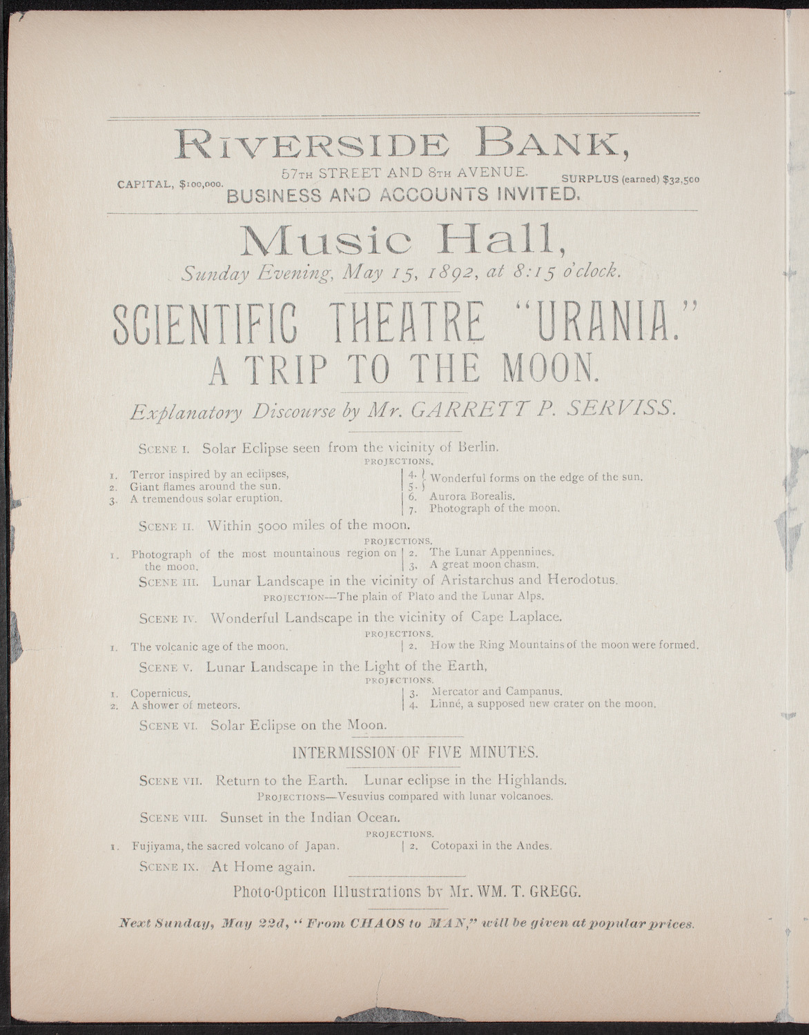 Urania Scientific Theatre, May 15, 1892, program page 2