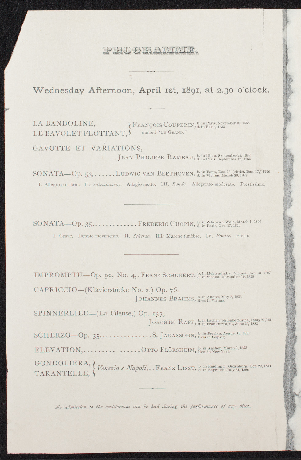 Franz Rummel, Piano, April 1, 1891, program page 2