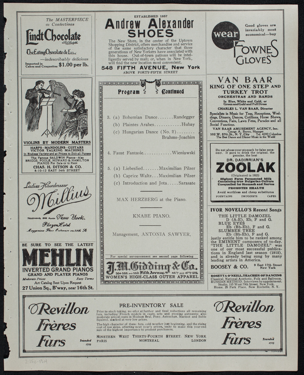 Maximillian Pilzer, Violin, February 25, 1913, program page 7