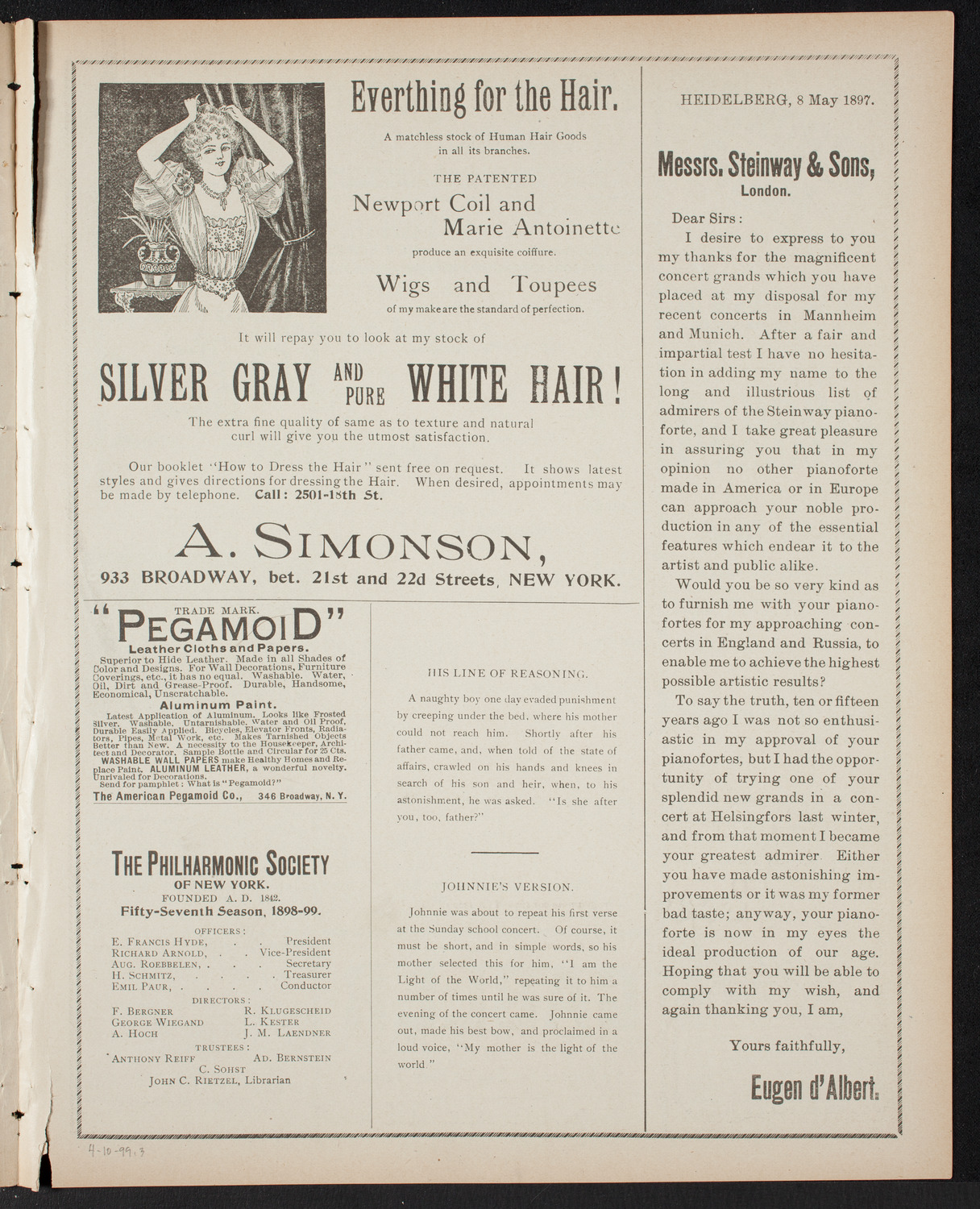 Lilli Lehmann, Soprano, April 10, 1899, program page 5