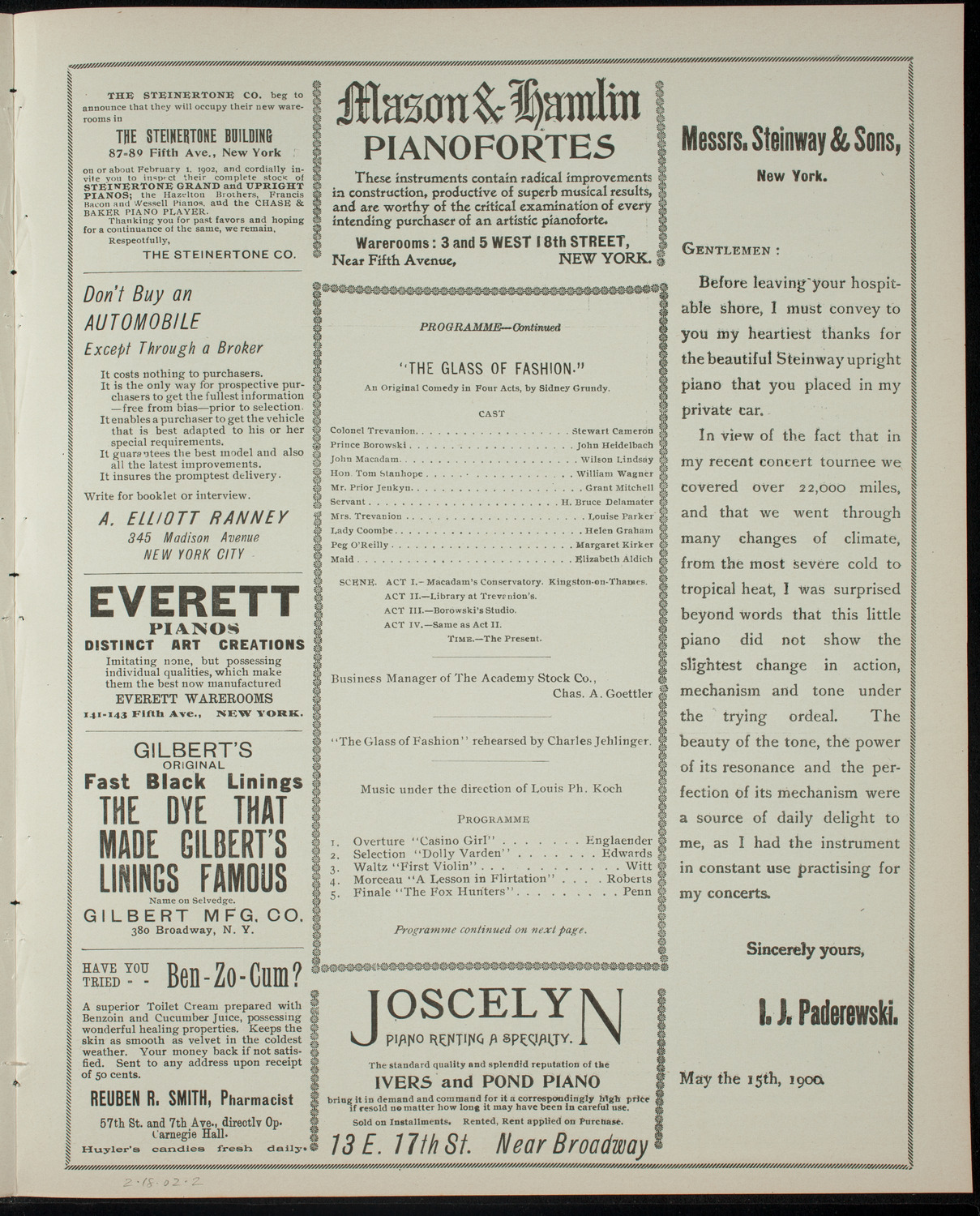 Academy Stock Company of the American Academy of Dramatic Arts and Empire Theatre Dramatic School, February 18, 1902, program page 3