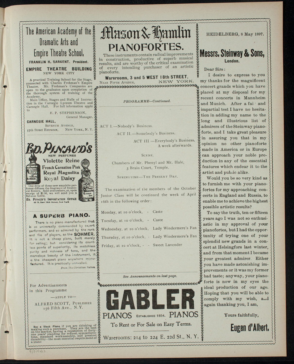 American Academy of Dramatic Arts Private Dress Rehearsal, April 13, 1900, program page 3