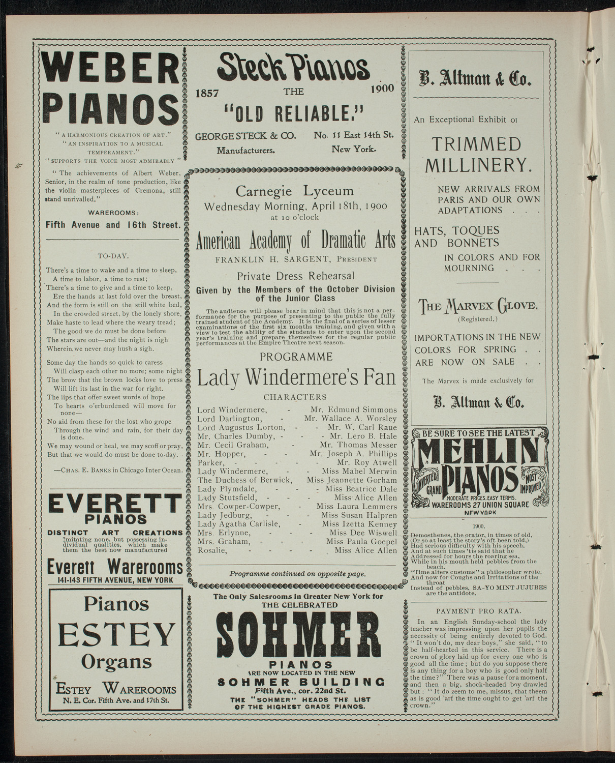 American Academy of Dramatic Arts Private Dress Rehearsal, April 18, 1900, program page 2