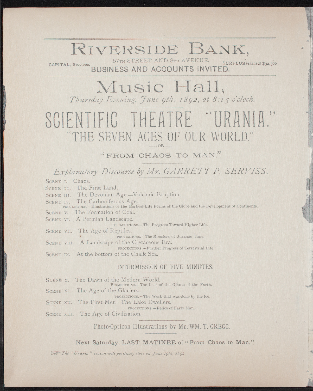 Urania Scientific Theatre, June 9, 1892, program page 2