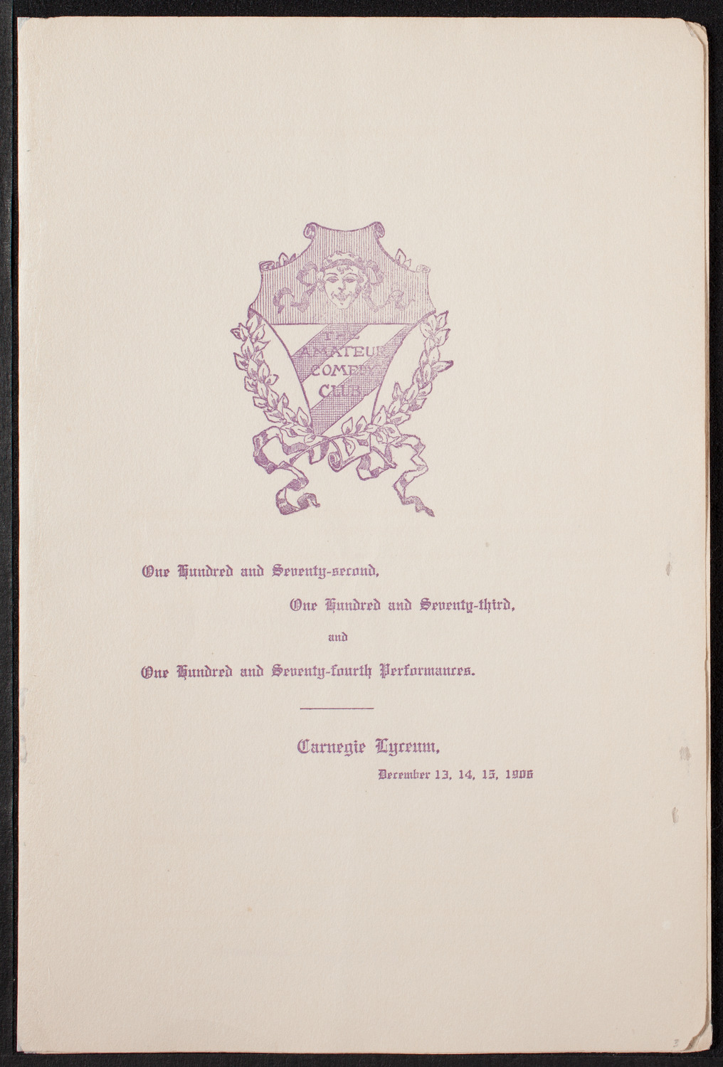 Amateur Comedy Club, December 15, 1906, program page 1