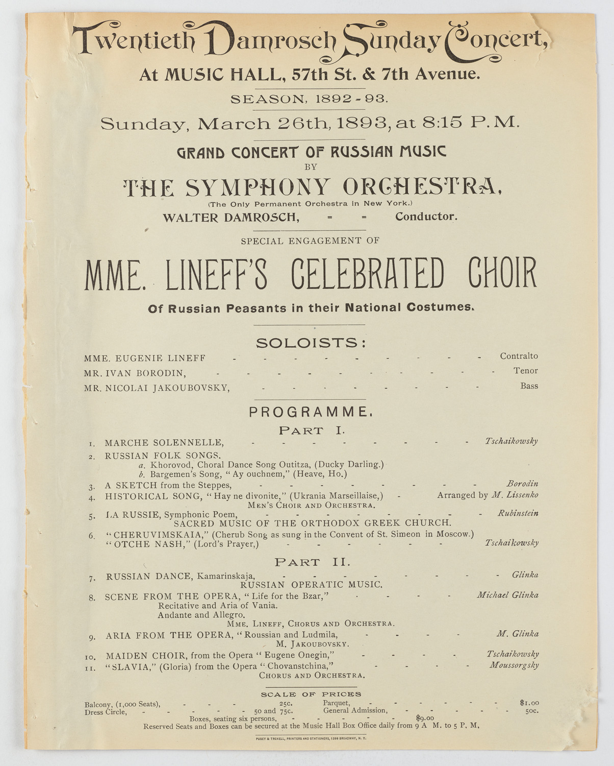 New York Symphony Orchestra and Madame Lineff's Russian Choir, March 26, 1893