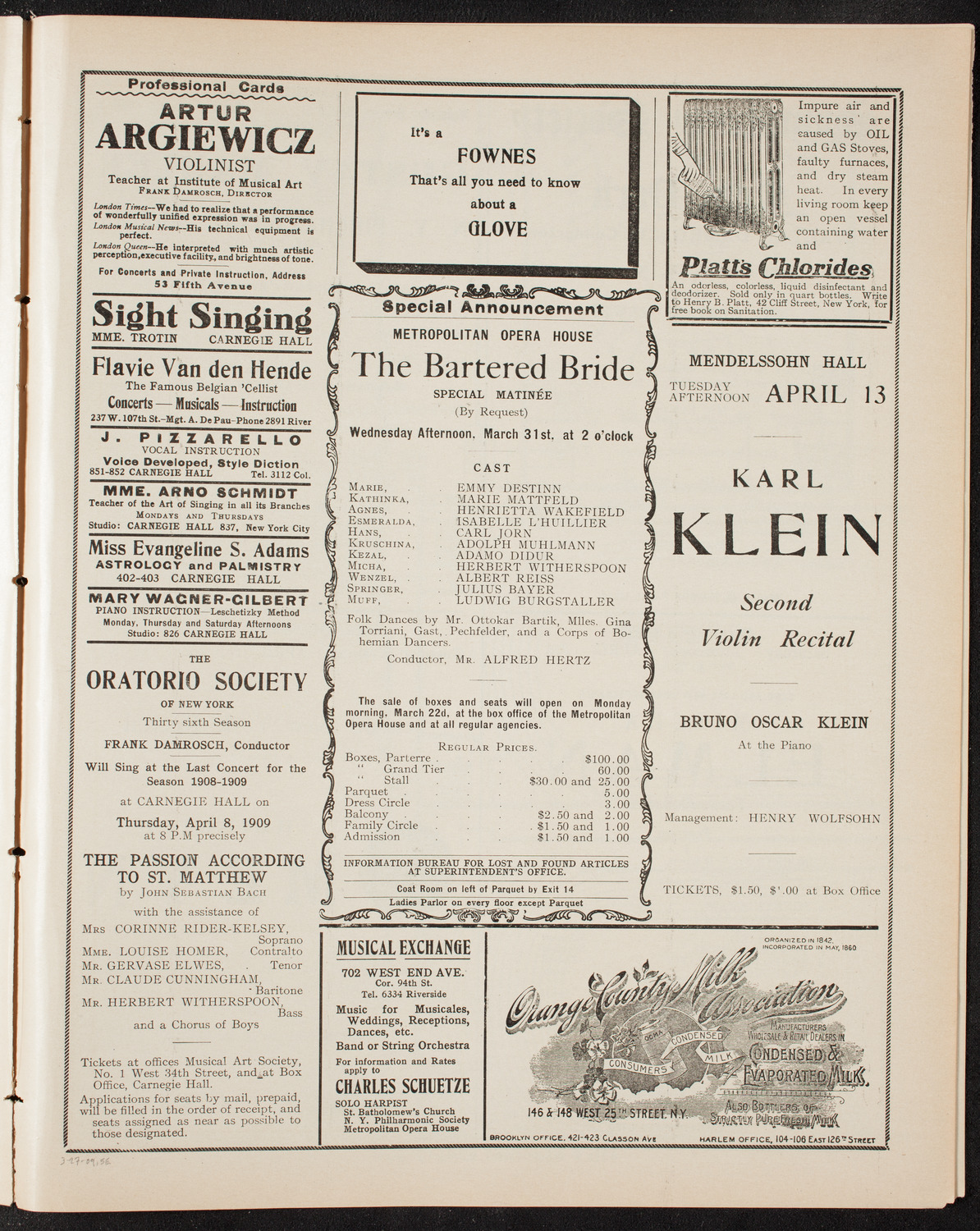 New York Philharmonic, March 27, 1909, program page 9