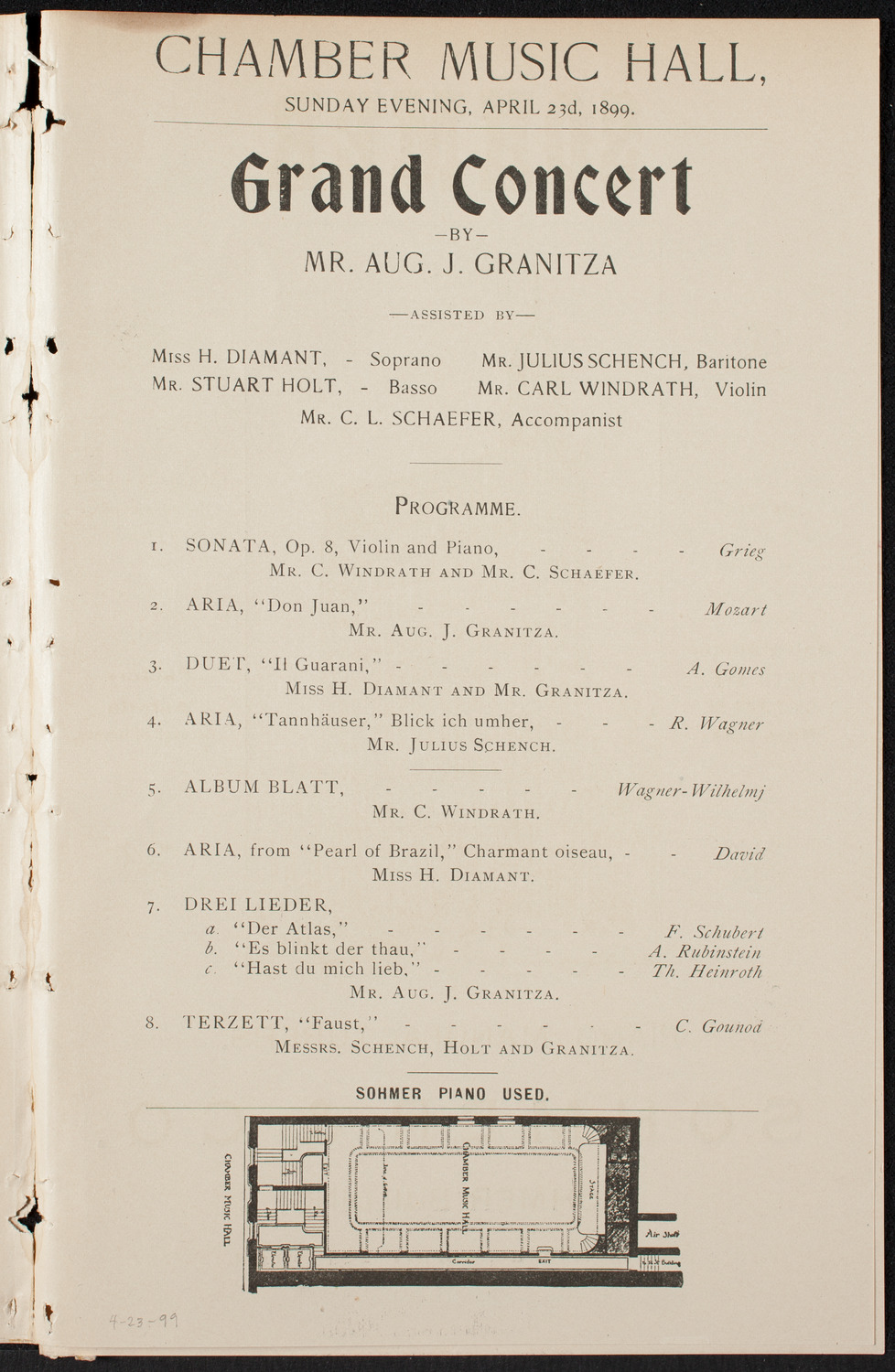 Grand Concert by Mr. August. J. Granitza, April 23, 1899, program page 1