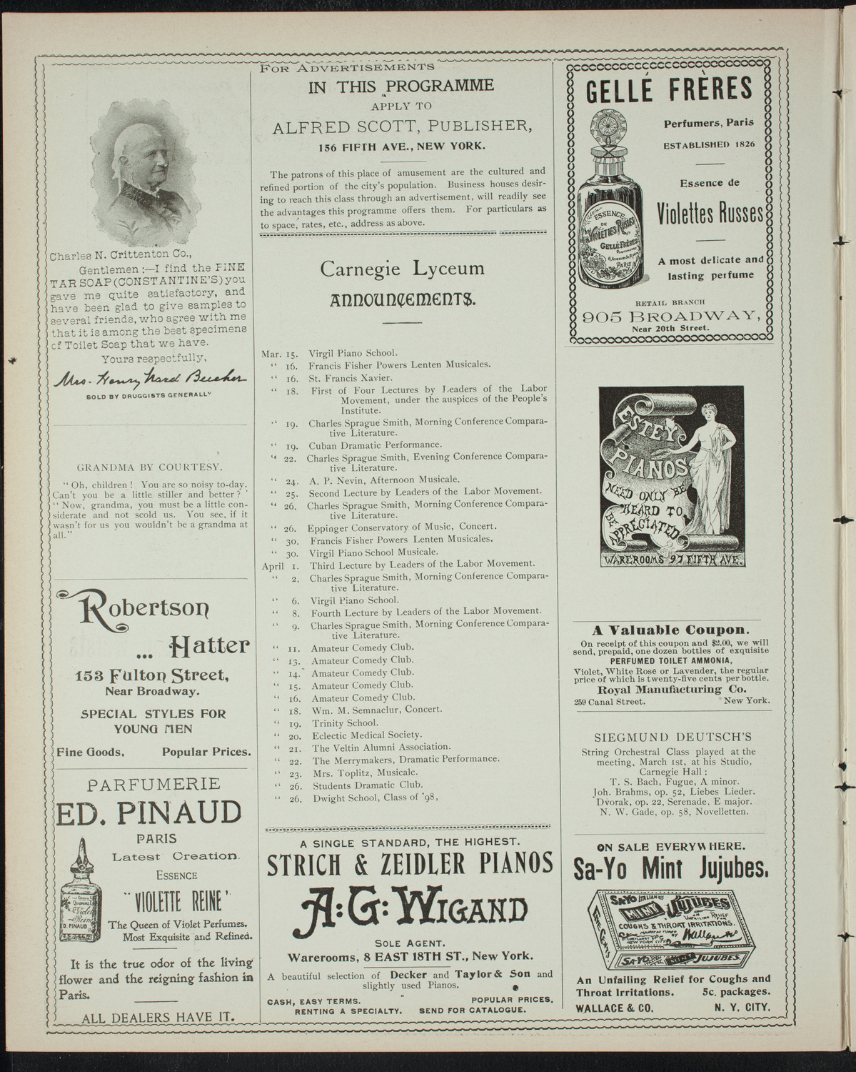 Harlem Wheelmen Minstrel Performance, March 12, 1898, program page 2