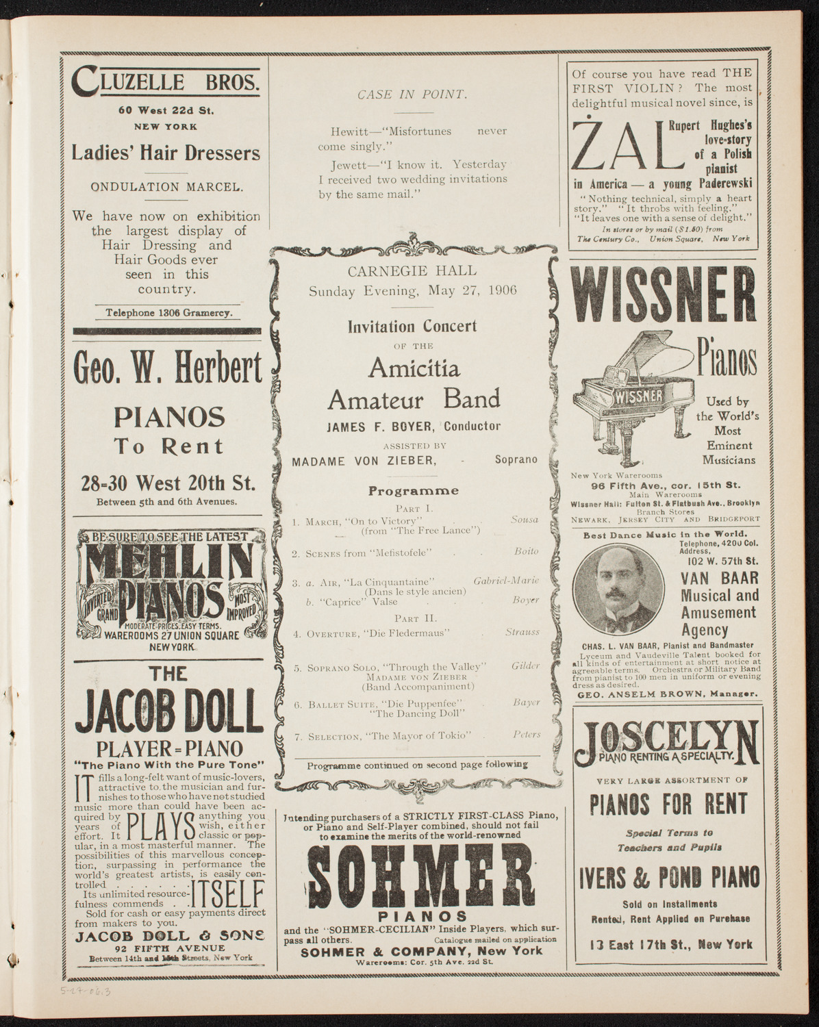 Amicitia Amateur Band, May 27, 1906, program page 5