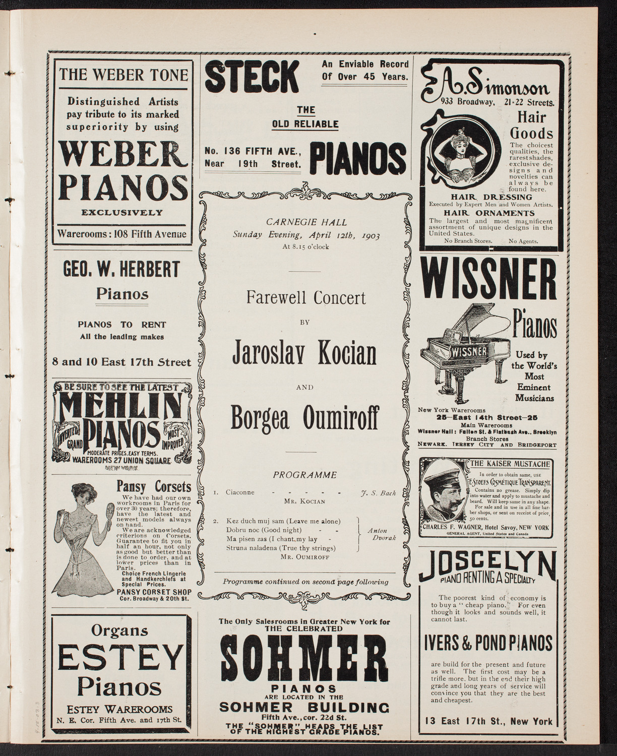 Jaroslav Kocian and Bogea Oumiroff, April 12, 1903, program page 5