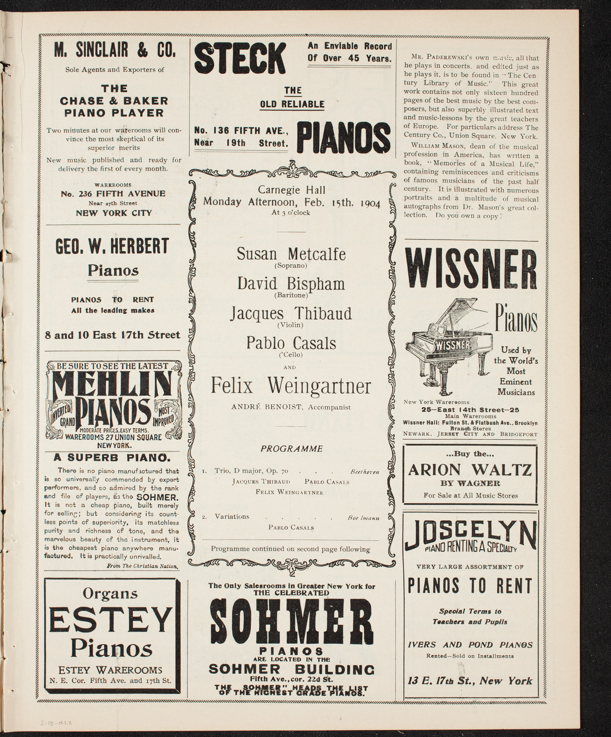 Susan Metcalfe, Soprano, David Bispham, Baritone, Jacques Thibaud, Violin, Pablo Casals, Cello, and Felix Weingartner, Piano, February 15, 1904, program page 5