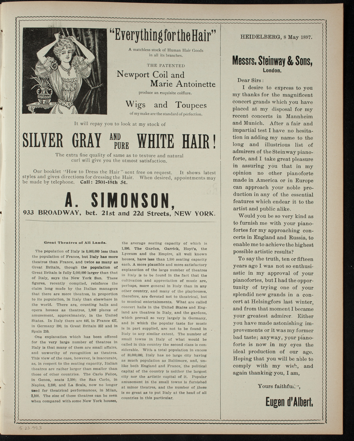 Armenian Dramatic Company of New York, May 27, 1899, program page 5