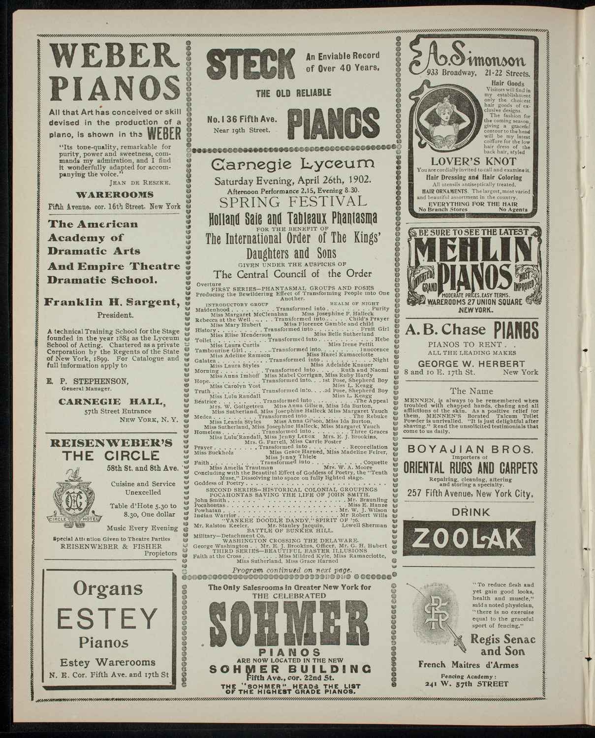 Benefit Performance for The International Order of the Kings' Daughters and Sons, April 26, 1902, program page 2