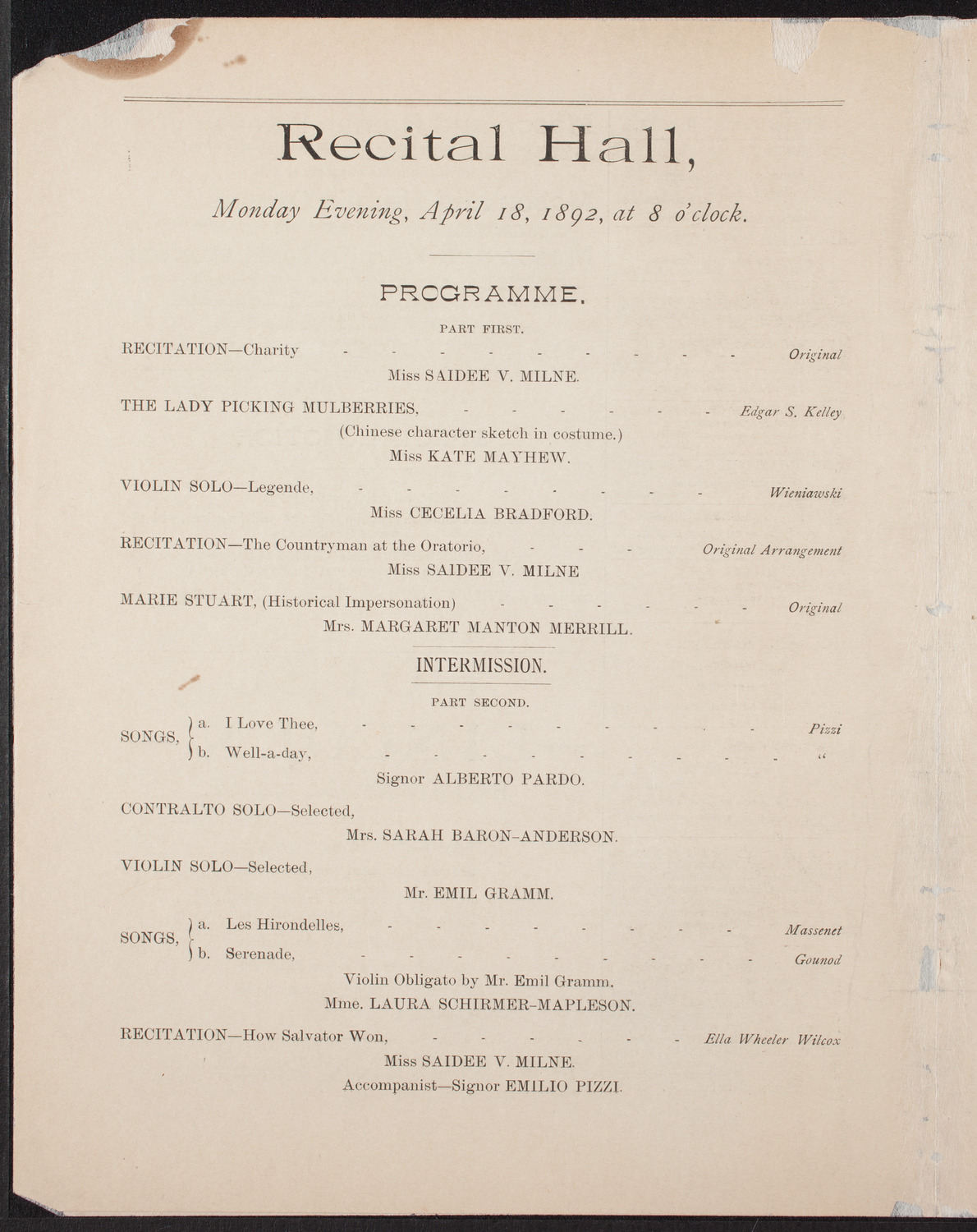 Saidee V. Milne assisted by Cecelia Bradford, Laura Schirmer-Mapleson, Sarah Baron Anderson, Alberto Pardo, and Others, April 18, 1892, program page 4