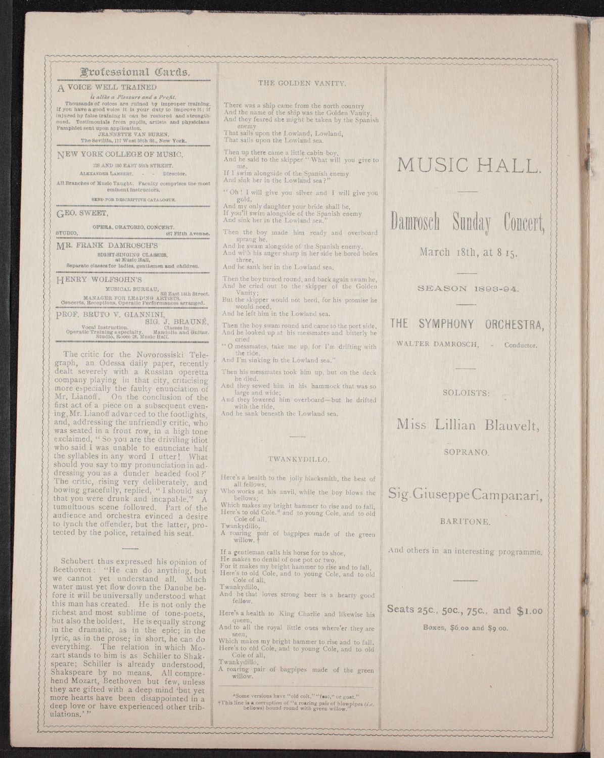 Damrosch Sunday Concert, March 11, 1894, program page 2