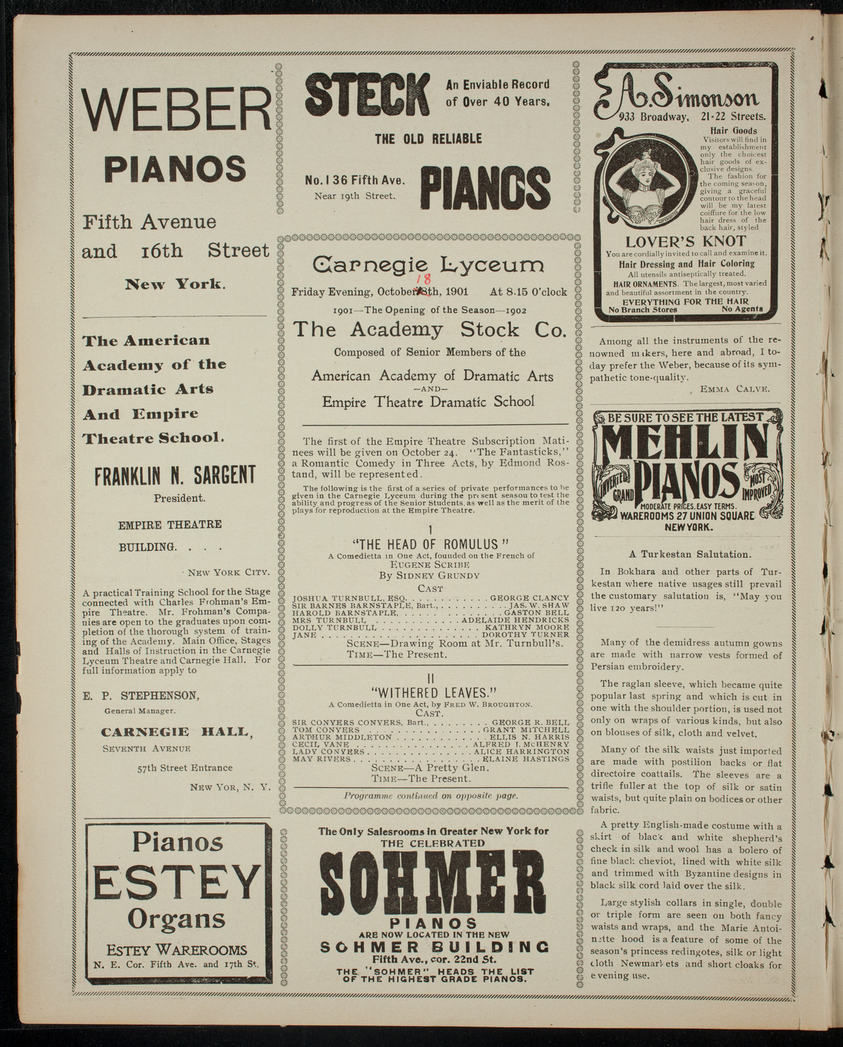 Academy Stock Company of the American Academy of Dramatic Arts and Empire Theatre Dramatic School, October 18, 1901, program page 2