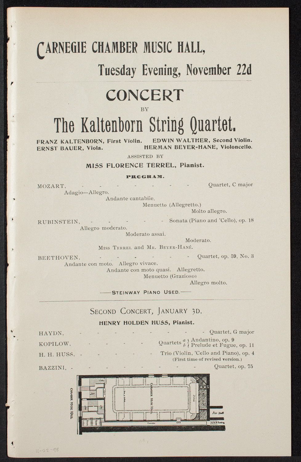 Kaltenborn String Quartet, November 22, 1898, program page 1