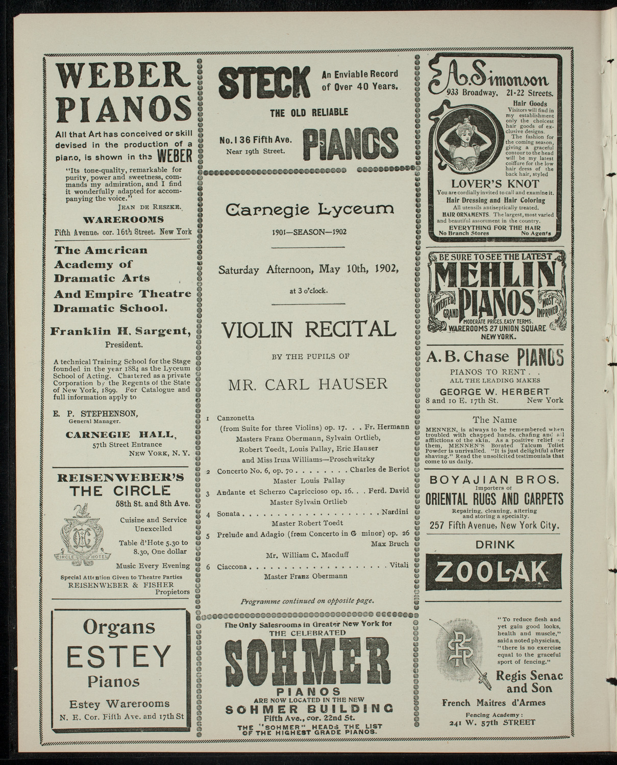 Violin Recital by Pupils of Carl Hauser, May 10, 1902, program page 2
