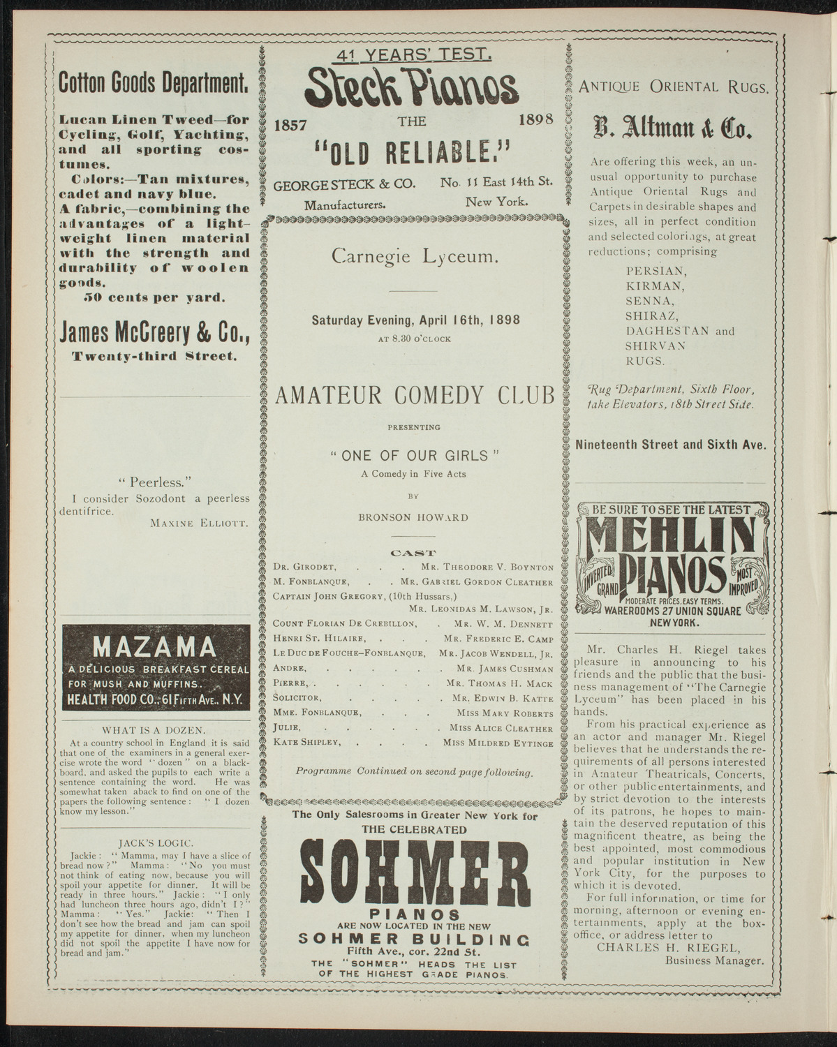 Amateur Comedy Club, April 16, 1898, program page 4