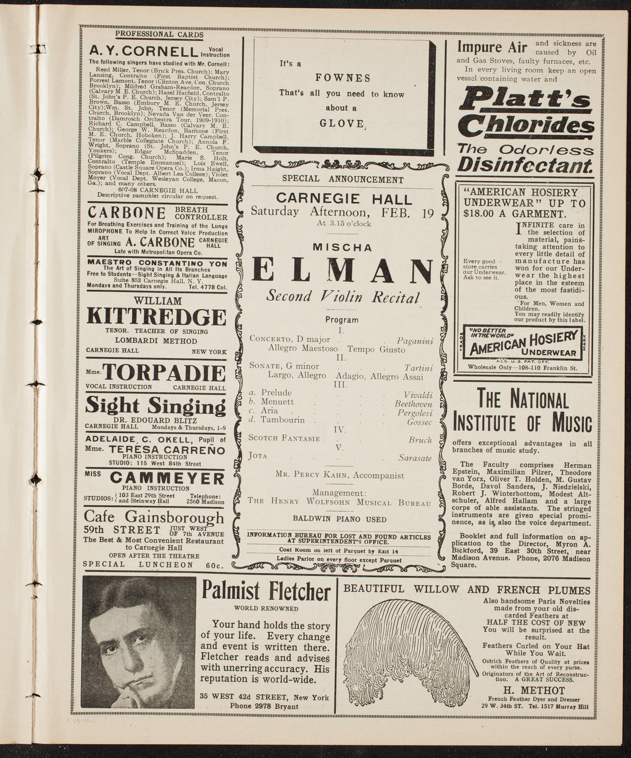 Mischa Elman, Violin, January 19, 1910, program page 9