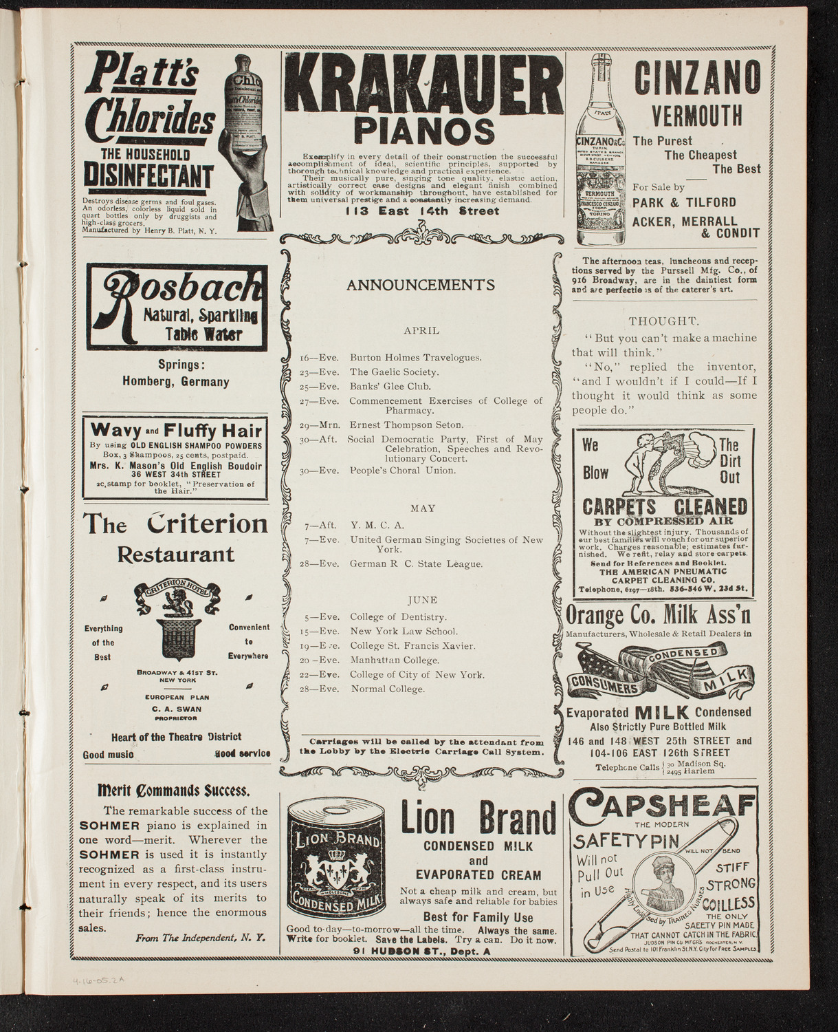 Josef Hofmann, Piano, and Fritz Kreisler, Violin, April 16, 1905, program page 3