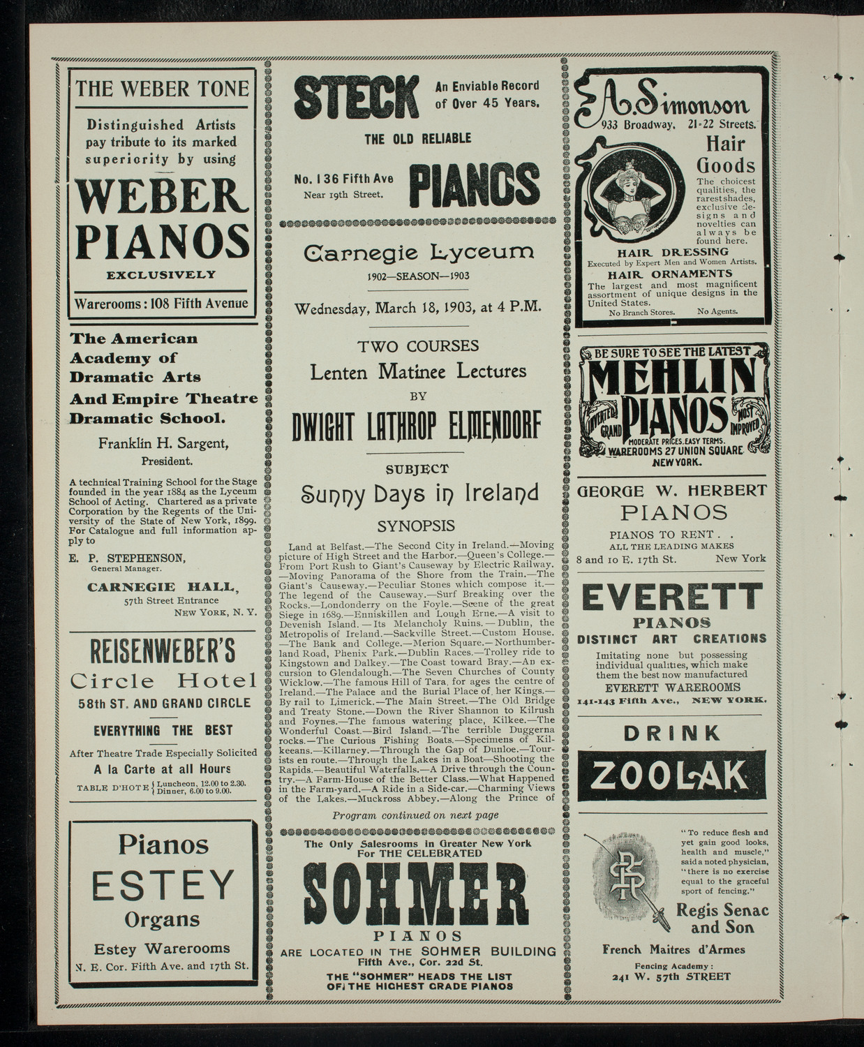 Elmendorf Lecture: Sunny Days in Ireland, March 18, 1903, program page 2