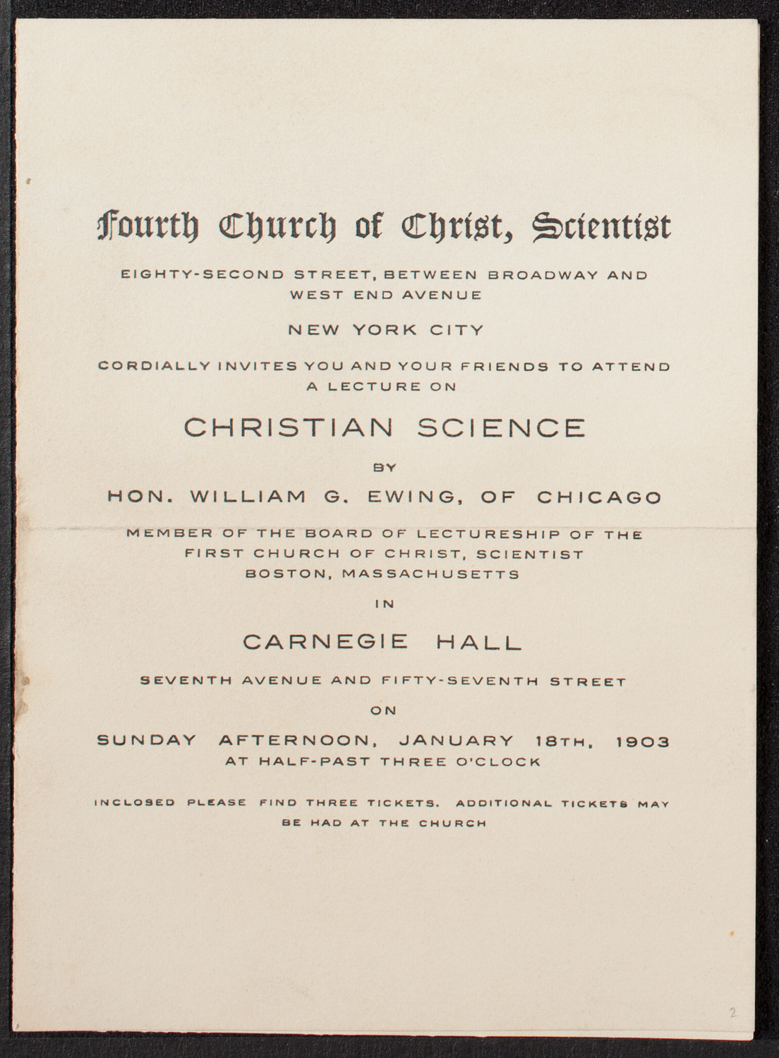 Christian Science Lecture: William G. Ewing, January 18, 1903, program page 1