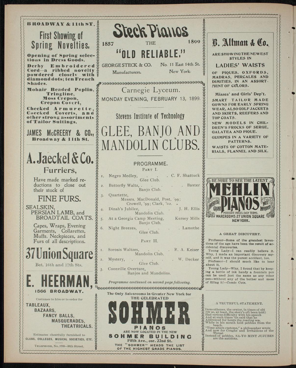 Stevens Institute of Technology Glee, Banjo and Mandolin Clubs, February 13, 1899, program page 4