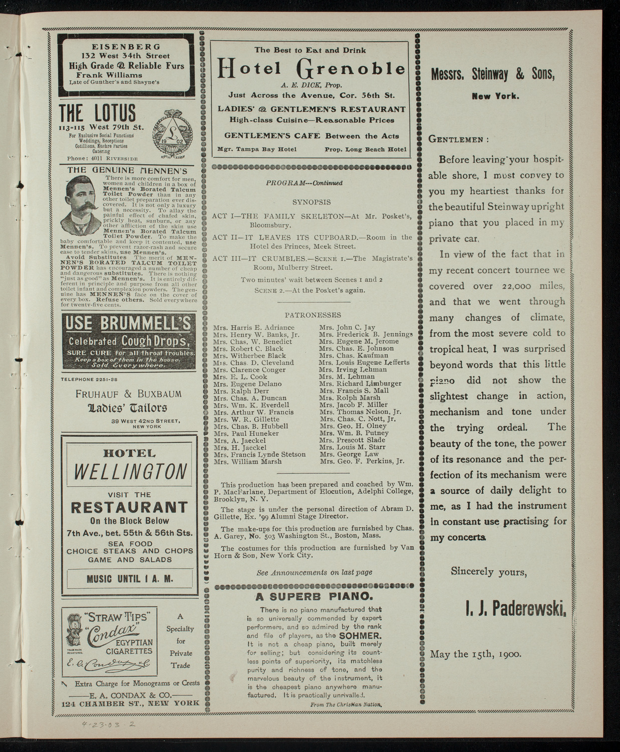Williams College Dramatic Association, April 23, 1903, program page 3