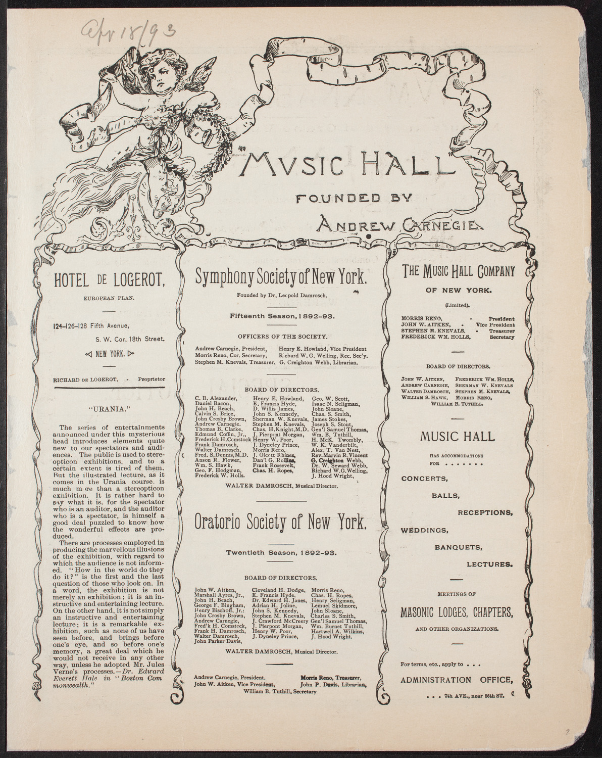 Benefit: May Hamaker, May 18, 1893, program page 1