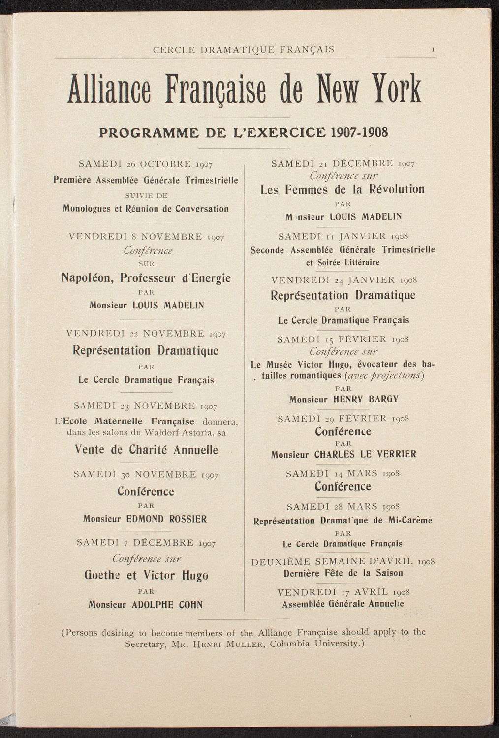 Cercle Dramatique de l'Alliance Française de New York, November 21, 1907, program page 2