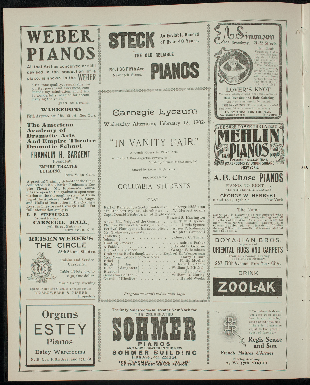 Columbia University Varsity Show, February 12, 1902, program page 2