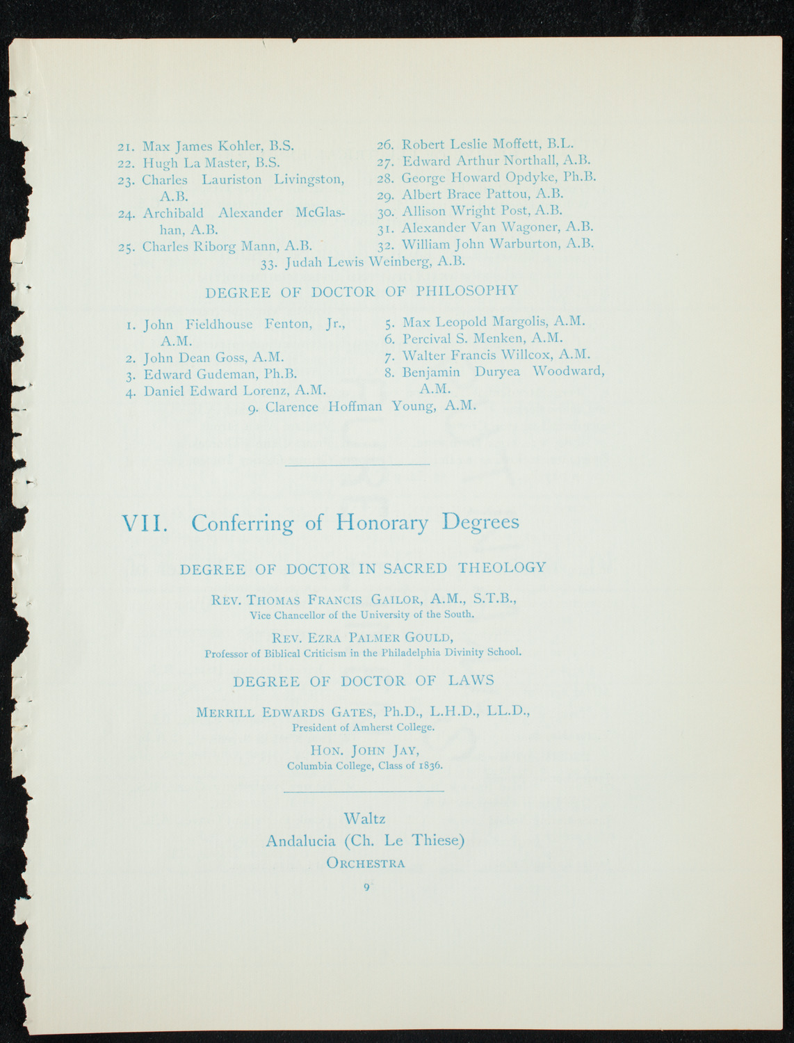 Graduation: Columbia College, June 10, 1891, program page 9