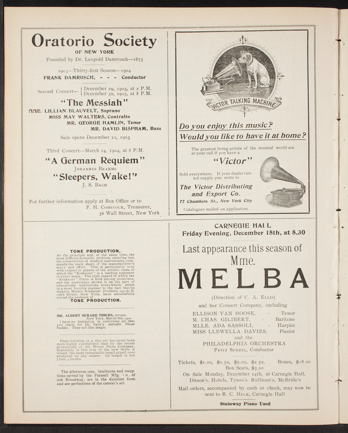 Caserini's Famous Roman Harp Orchestra, December 14, 1903, program page 10