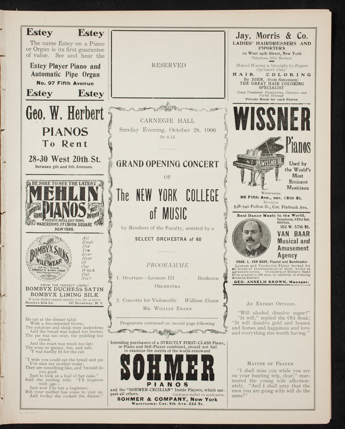 New York College of Music Faculty Concert, October 28, 1906, program page 5