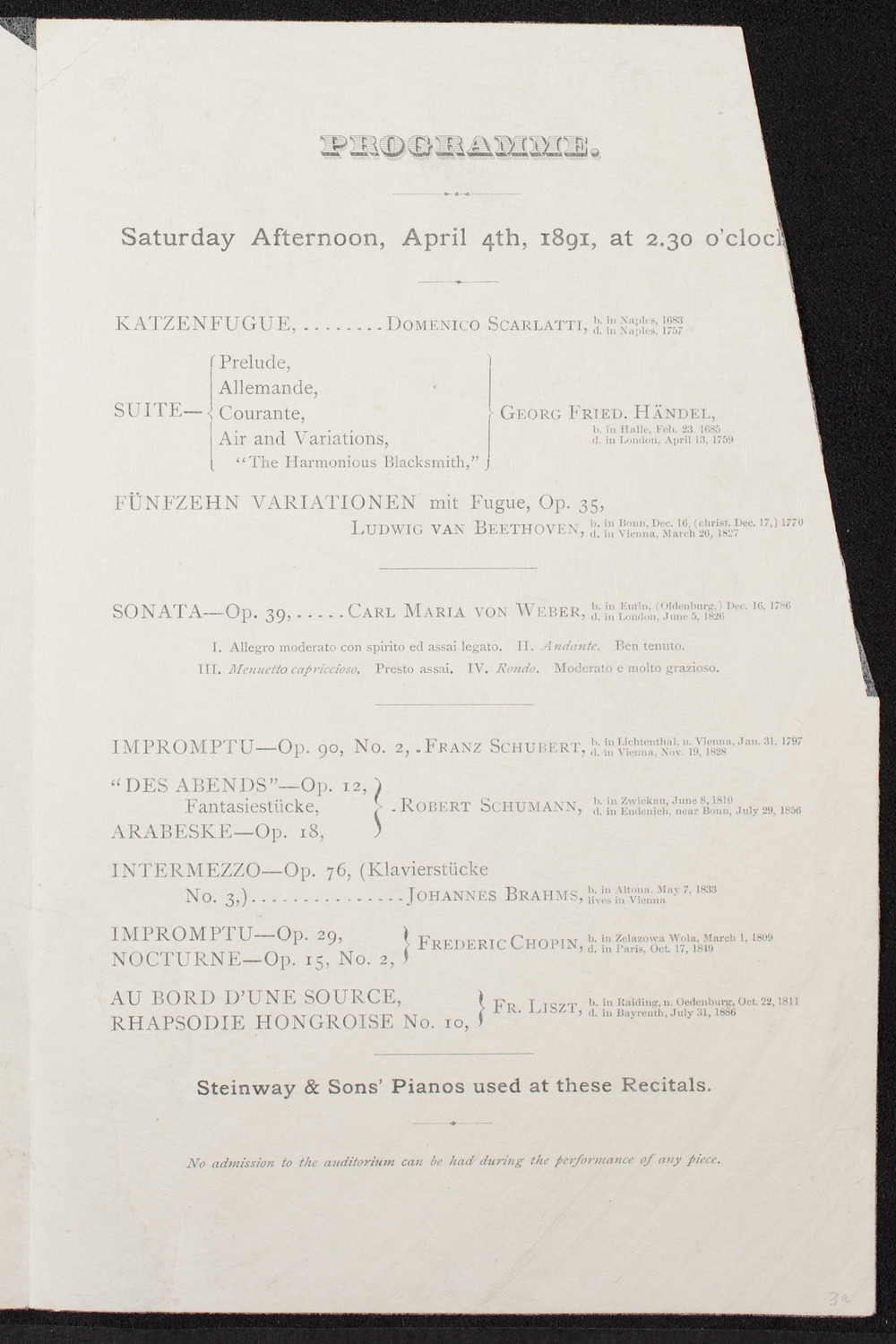 Franz Rummel, Piano, April 4, 1891, program page 3