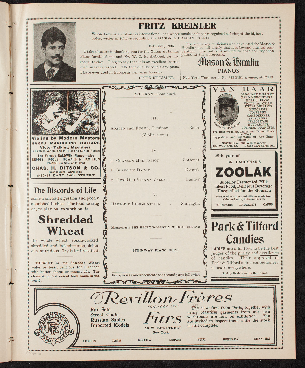 Fritz Kreisler, Violin, January 28, 1910, program page 7