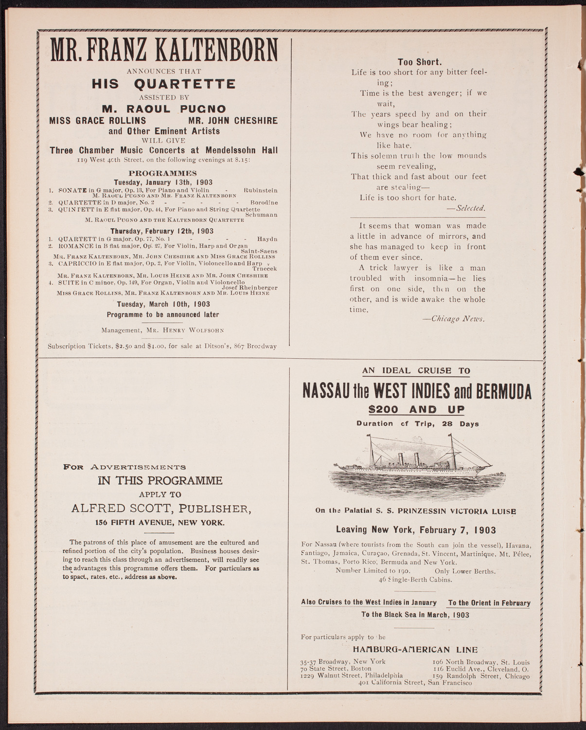 Josephy Horodas, E. Sarda de Bassini, Vera de Bassini, A. de Bassini, and Beatrice Eberhard, December 28, 1902, program page 8