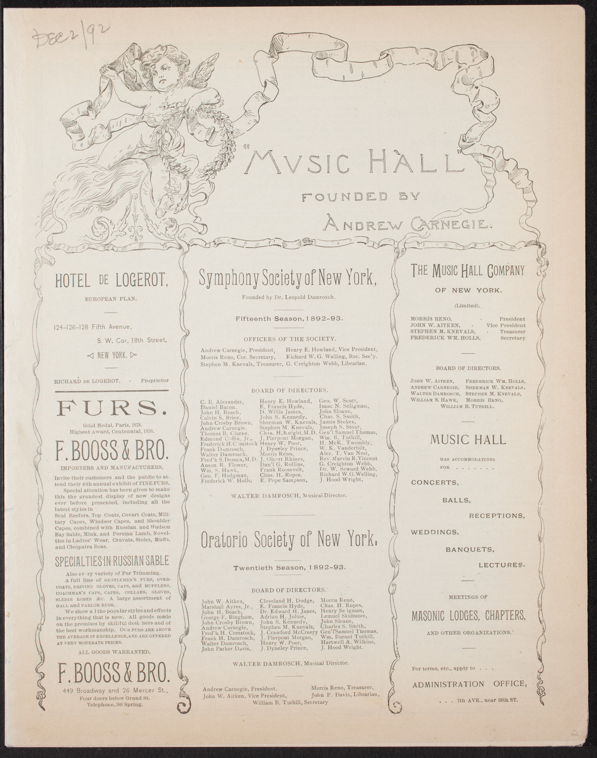 New York Symphony Orchestra, December 2, 1892, program page 1