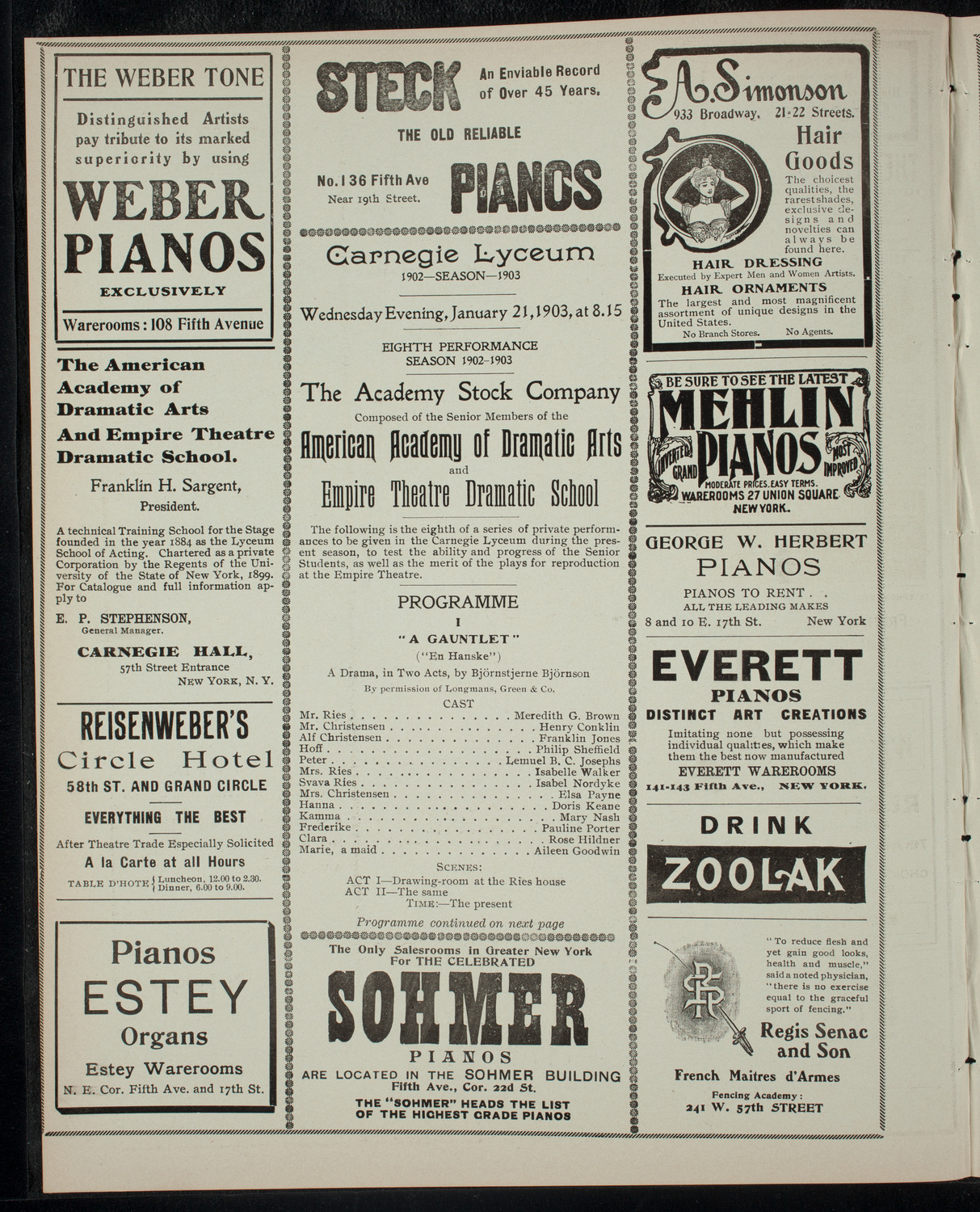 Academy Stock Company of the American Academy of Dramatic Arts/Empire Theatre Dramatic School, January 21, 1903, program page 2