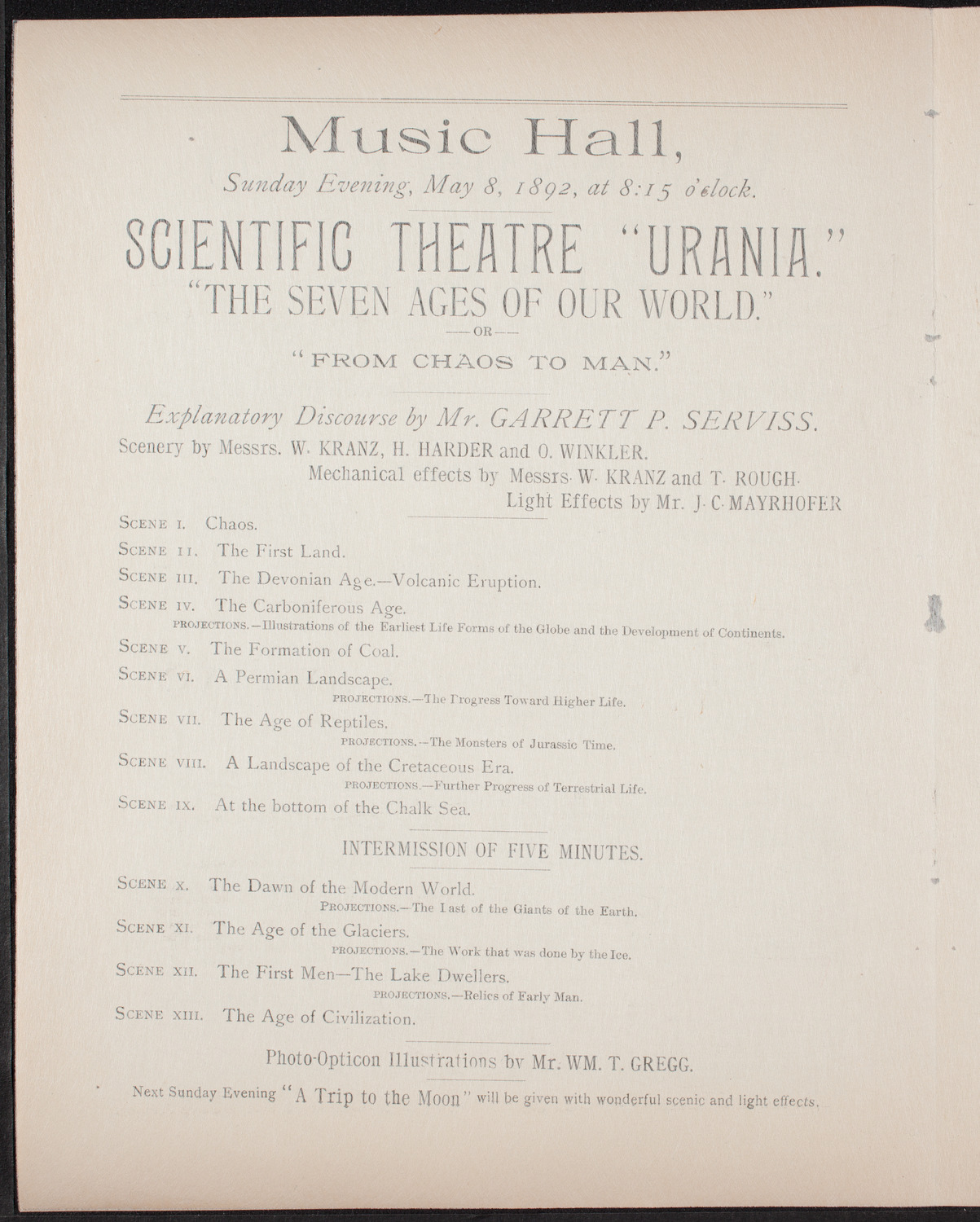 Urania Scientific Theatre, May 8, 1892, program page 4