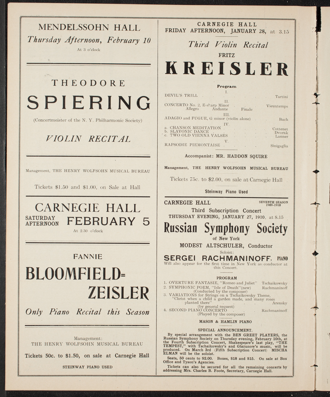 Mischa Elman, Violin, January 19, 1910, program page 10