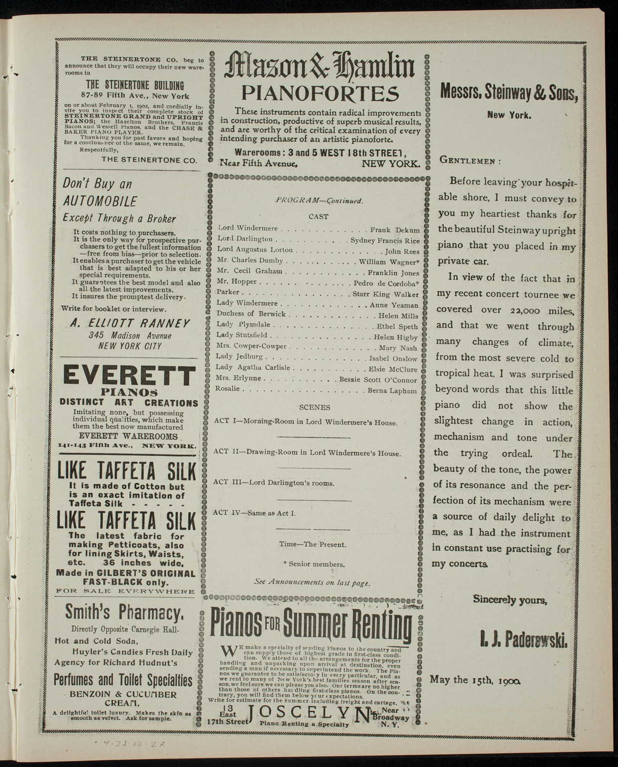 American Academy of the Dramatic Arts Private Dress Rehearsal, April 28, 1902, program page 3