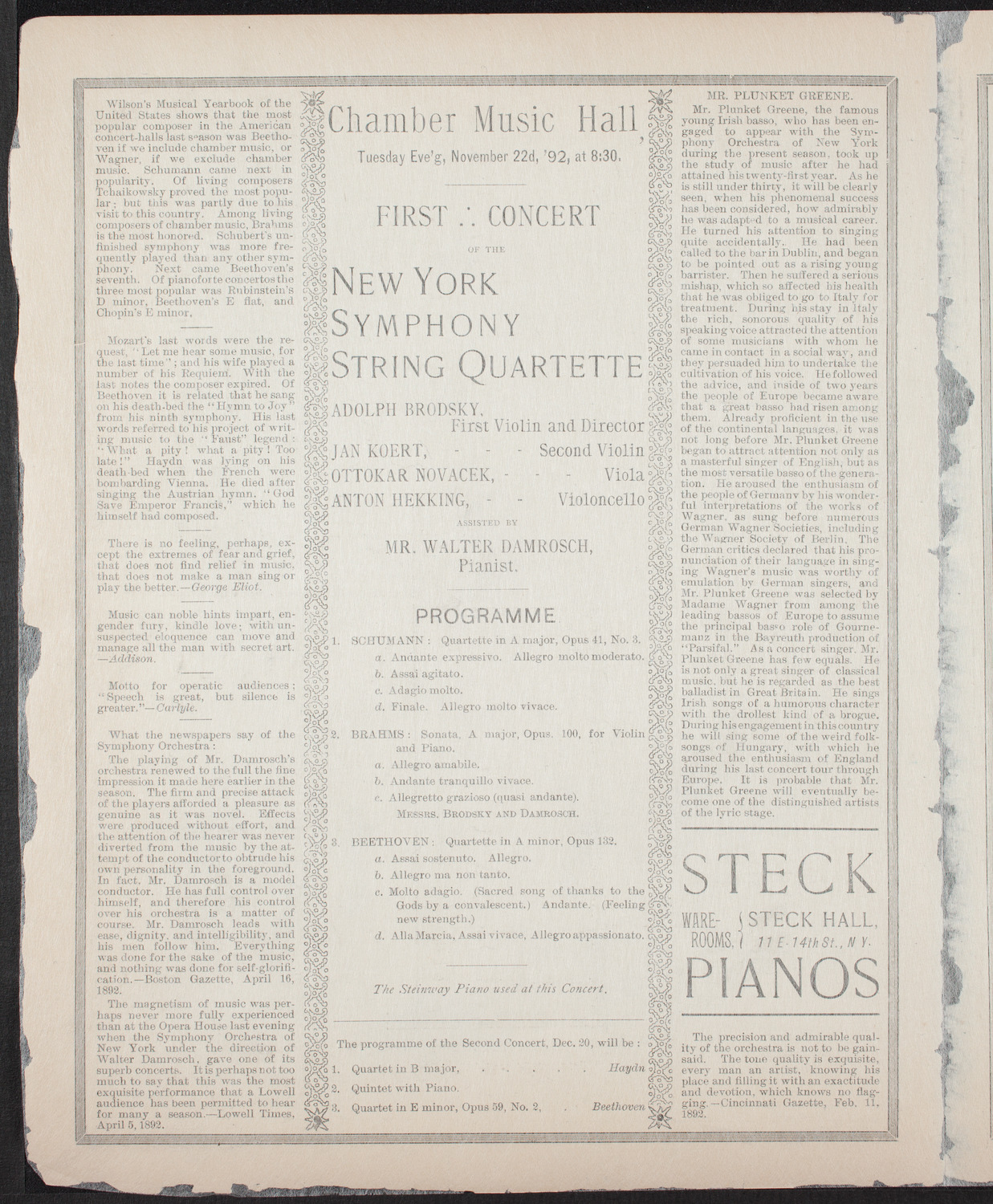 New York Symphony String Quartet, November 22, 1892, program page 2